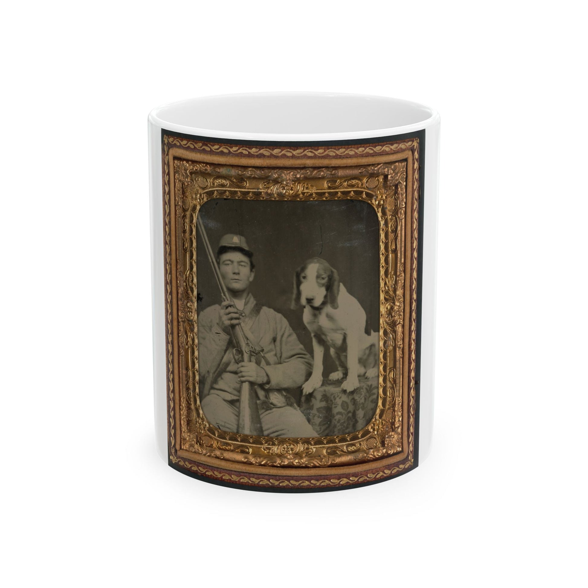 Unidentified Soldier In Confederate Uniform With Shotgun Sitting Next To Dog (U.S. Civil War) White Coffee Mug-11oz-The Sticker Space