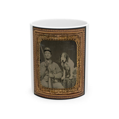 Unidentified Soldier In Confederate Uniform With Shotgun Sitting Next To Dog (U.S. Civil War) White Coffee Mug-11oz-The Sticker Space