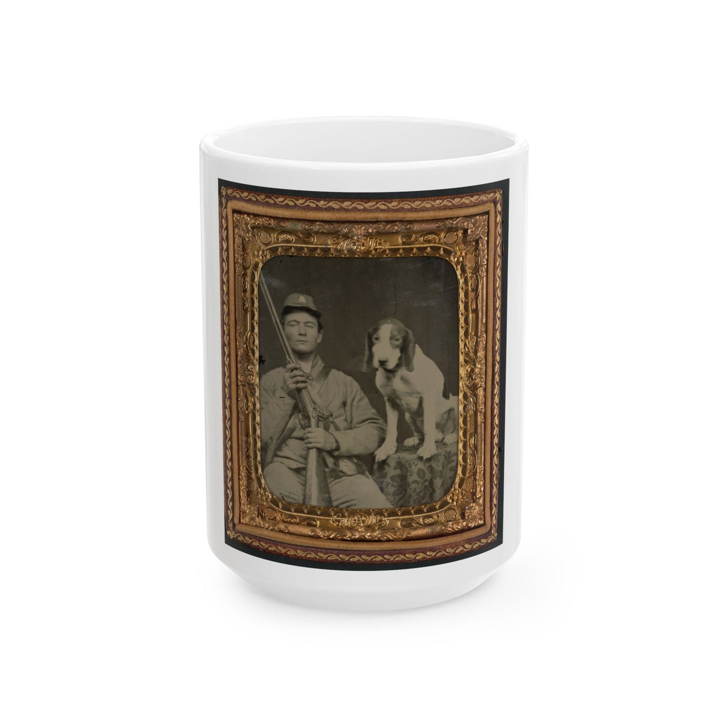 Unidentified Soldier In Confederate Uniform With Shotgun Sitting Next To Dog (U.S. Civil War) White Coffee Mug-15oz-The Sticker Space