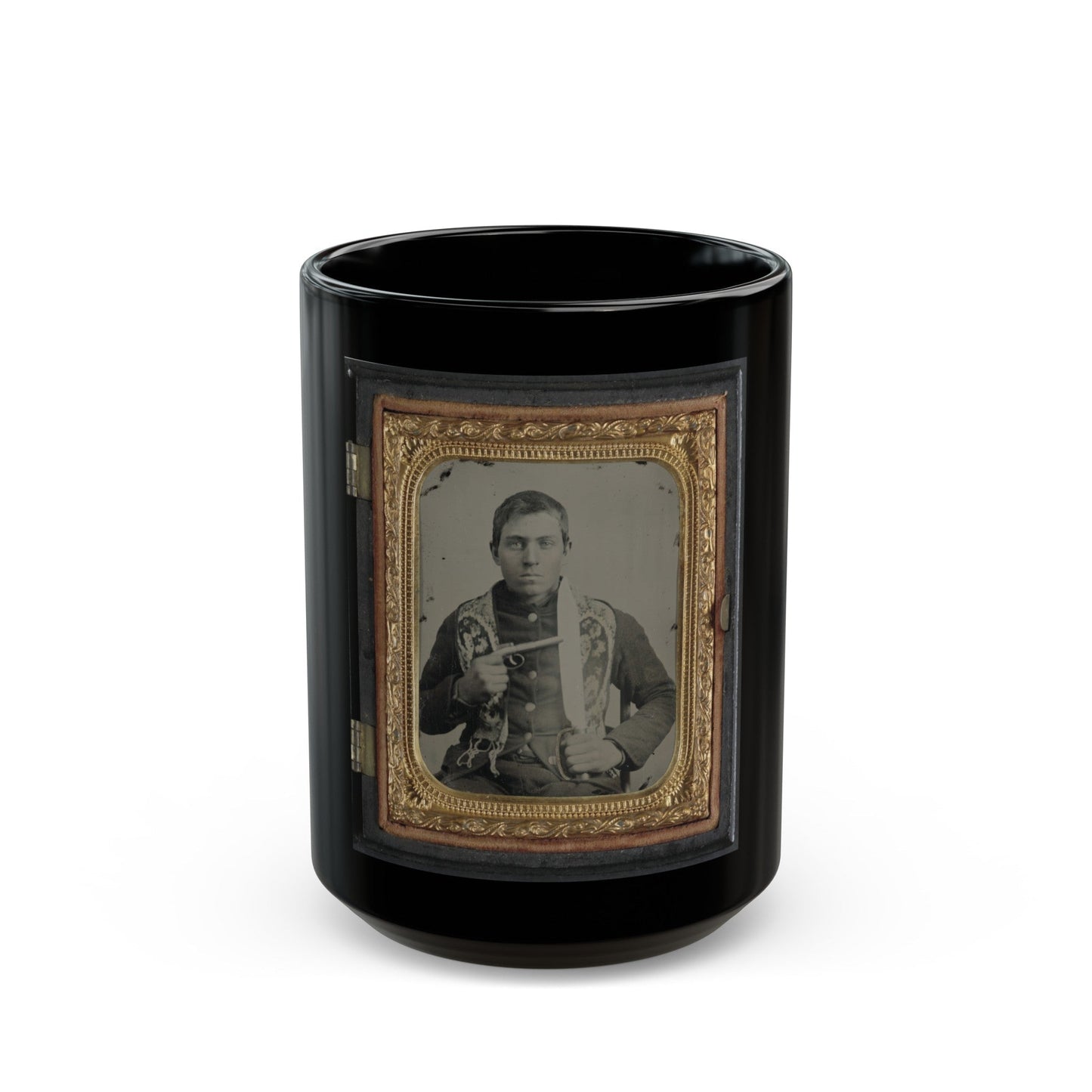 Unidentified Soldier In Confederate Uniform With Single Shot Percussion Pistol And D Guard Bowie Knife (U.S. Civil War) Black Coffee Mug-15oz-The Sticker Space