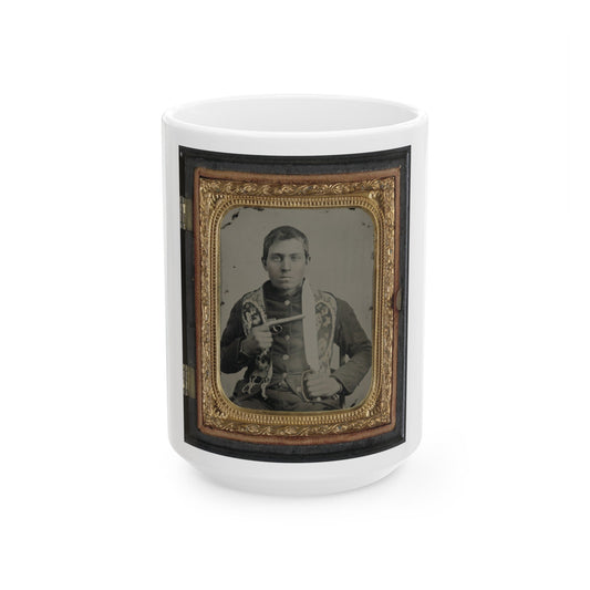 Unidentified Soldier In Confederate Uniform With Single Shot Percussion Pistol And D Guard Bowie Knife (U.S. Civil War) White Coffee Mug-15oz-The Sticker Space