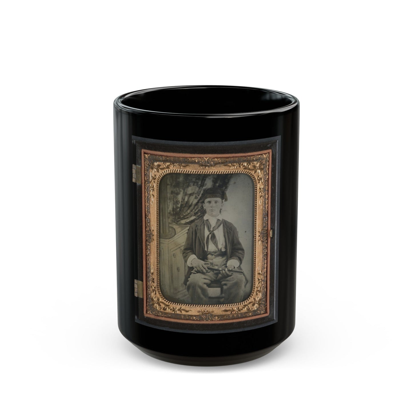 Unidentified Soldier In Confederate Uniform With Single Shot Percussion Pistol (U.S. Civil War) Black Coffee Mug-15oz-The Sticker Space