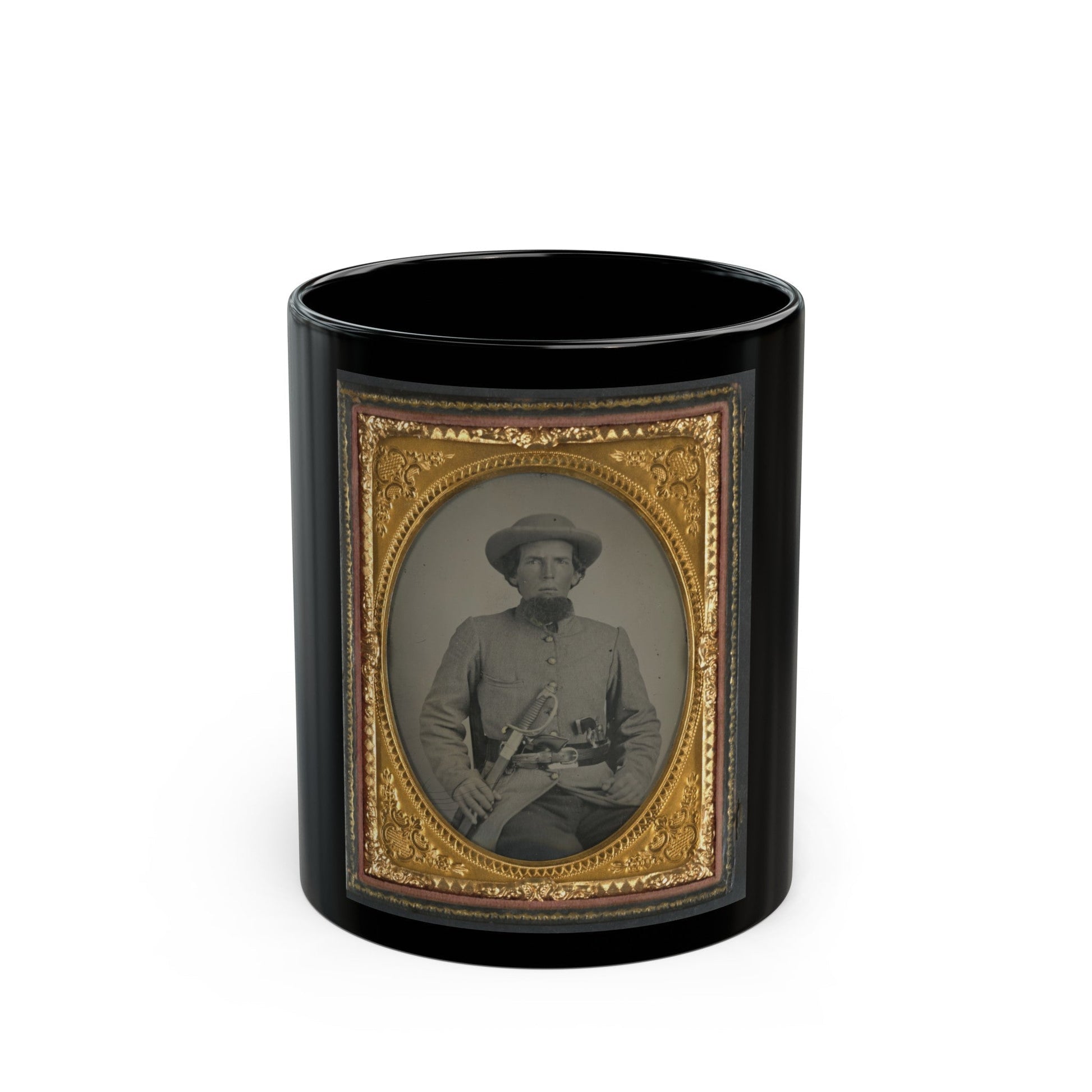 Unidentified Soldier In Confederate Uniform With Sword And Two Guns (U.S. Civil War) Black Coffee Mug-11oz-The Sticker Space