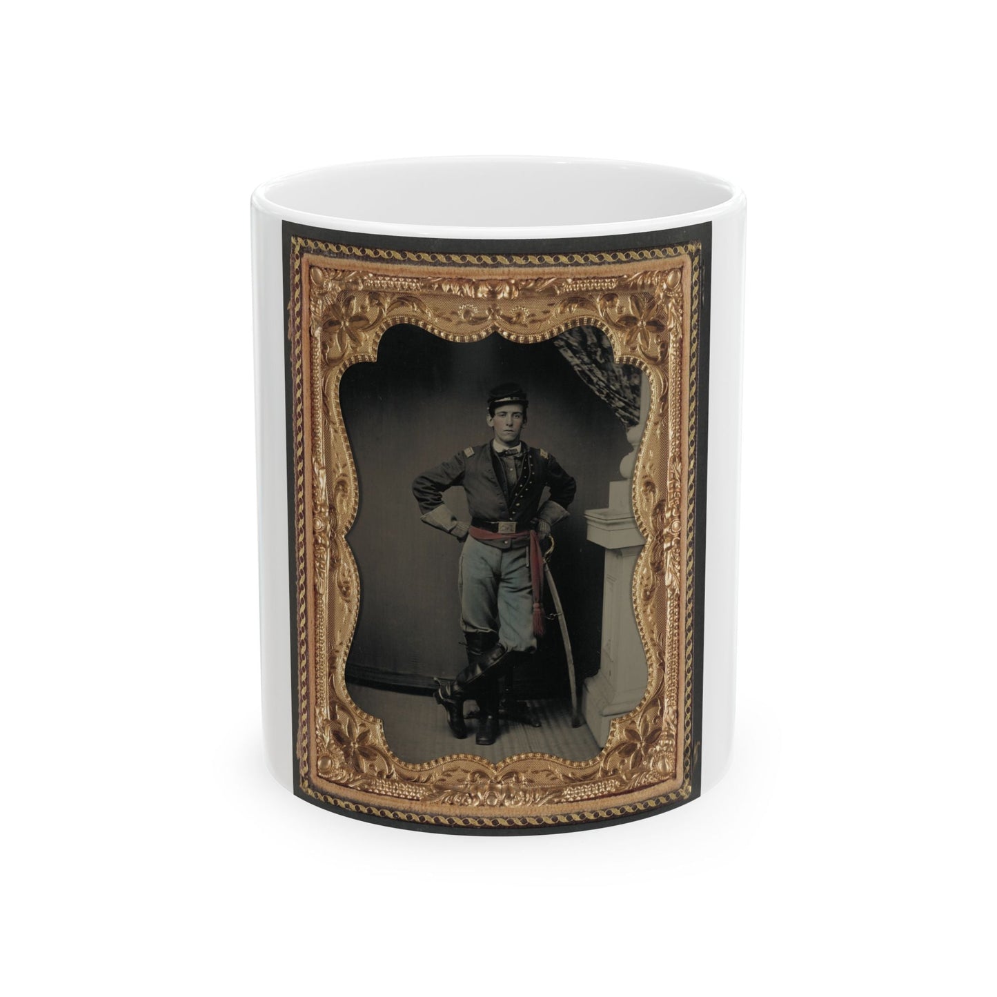 Unidentified Soldier In First Lieutenant's Uniform, Red Sash, Leather Gauntlets, And Spurs With Cavalry Sword (U.S. Civil War) White Coffee Mug