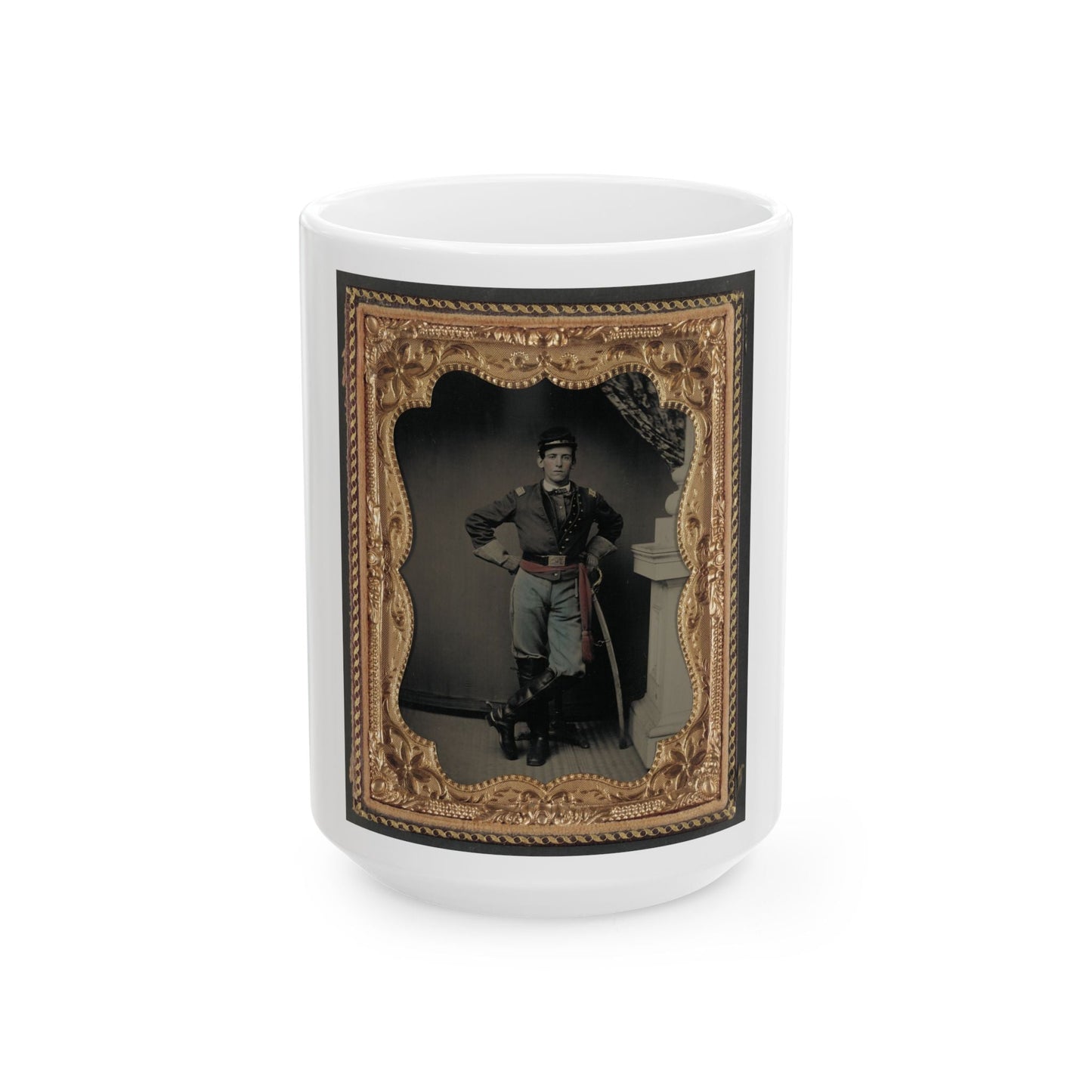 Unidentified Soldier In First Lieutenant's Uniform, Red Sash, Leather Gauntlets, And Spurs With Cavalry Sword (U.S. Civil War) White Coffee Mug