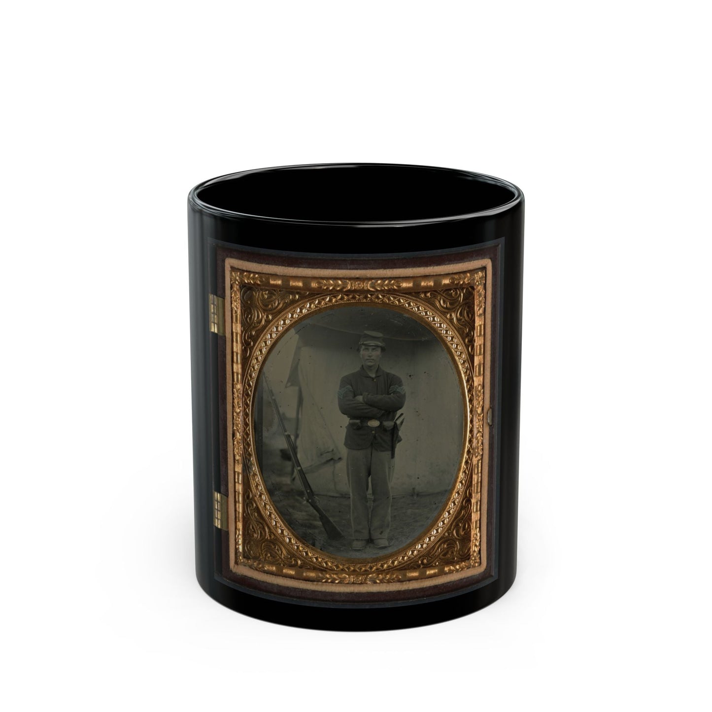 Unidentified Soldier In Infantry Sergeant Uniform With Holster And Musket In Front Of Tent (U.S. Civil War) Black Coffee Mug