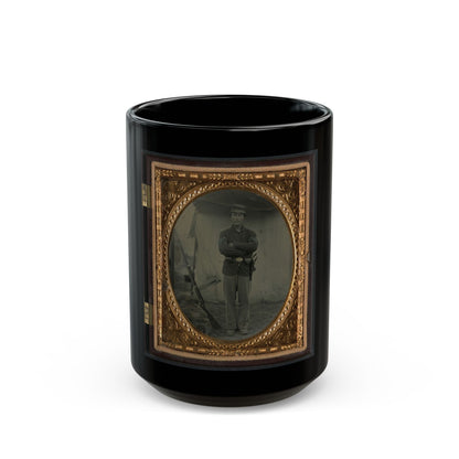 Unidentified Soldier In Infantry Sergeant Uniform With Holster And Musket In Front Of Tent (U.S. Civil War) Black Coffee Mug