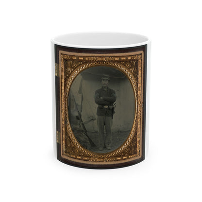 Unidentified Soldier In Infantry Sergeant Uniform With Holster And Musket In Front Of Tent (U.S. Civil War) White Coffee Mug