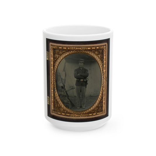 Unidentified Soldier In Infantry Sergeant Uniform With Holster And Musket In Front Of Tent (U.S. Civil War) White Coffee Mug