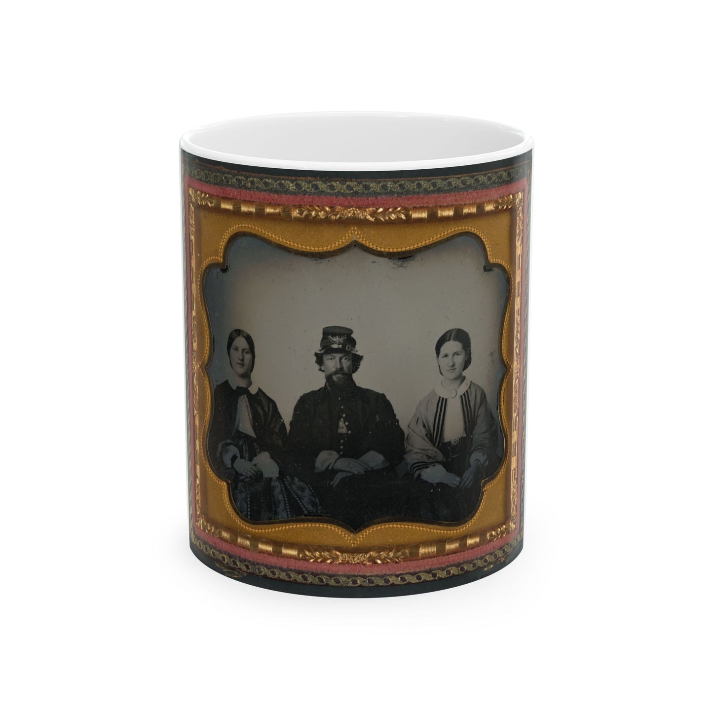 Unidentified Soldier In Infantry Uniform Sitting Between Two Women, Probably Relatives (U.S. Civil War) White Coffee Mug-11oz-The Sticker Space