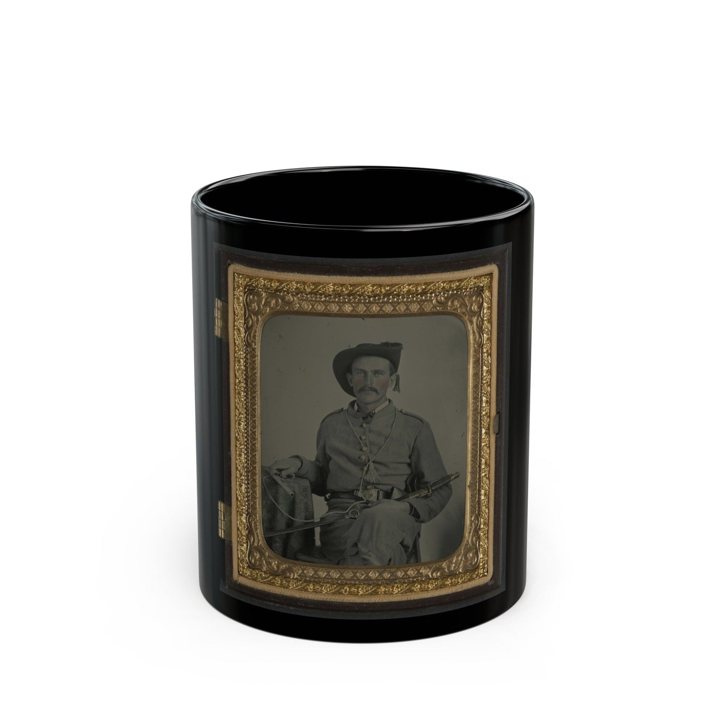 Unidentified Soldier In Maryland Confederate Cavalry Uniform With Sword And Pistol (U.S. Civil War) Black Coffee Mug-11oz-The Sticker Space