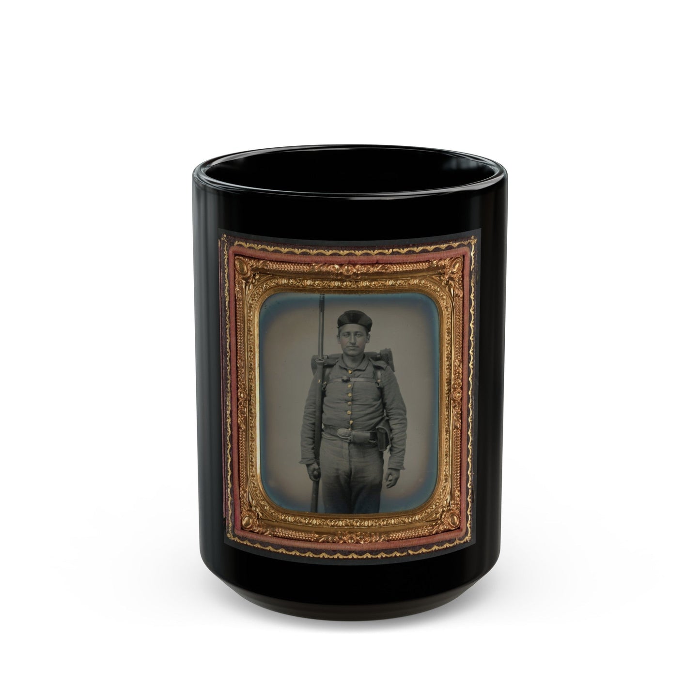 Unidentified Soldier In Ohio Volunteer Militia Uniform With Bedroll And Musket (U.S. Civil War) Black Coffee Mug-15oz-The Sticker Space