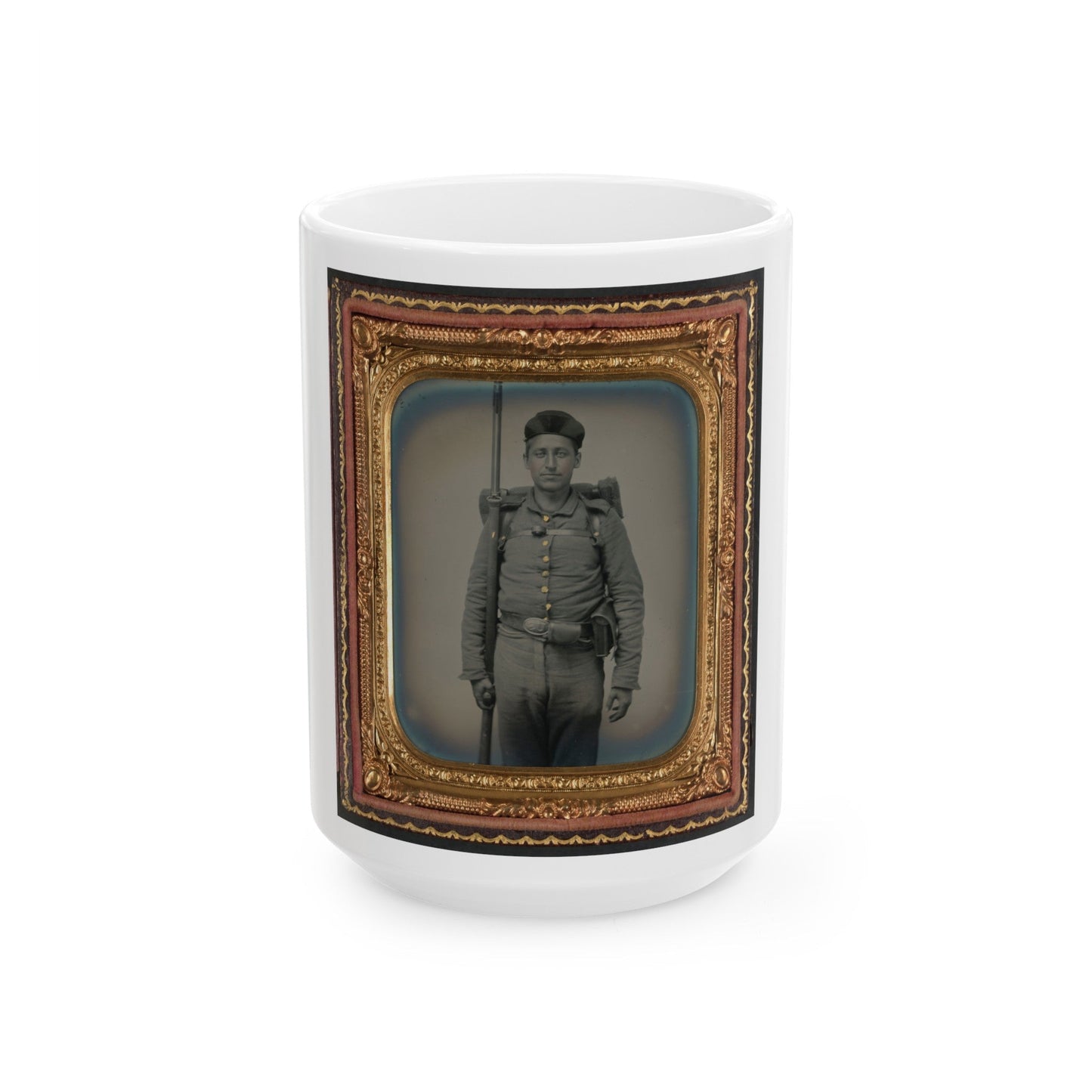 Unidentified Soldier In Ohio Volunteer Militia Uniform With Bedroll And Musket (U.S. Civil War) White Coffee Mug-15oz-The Sticker Space