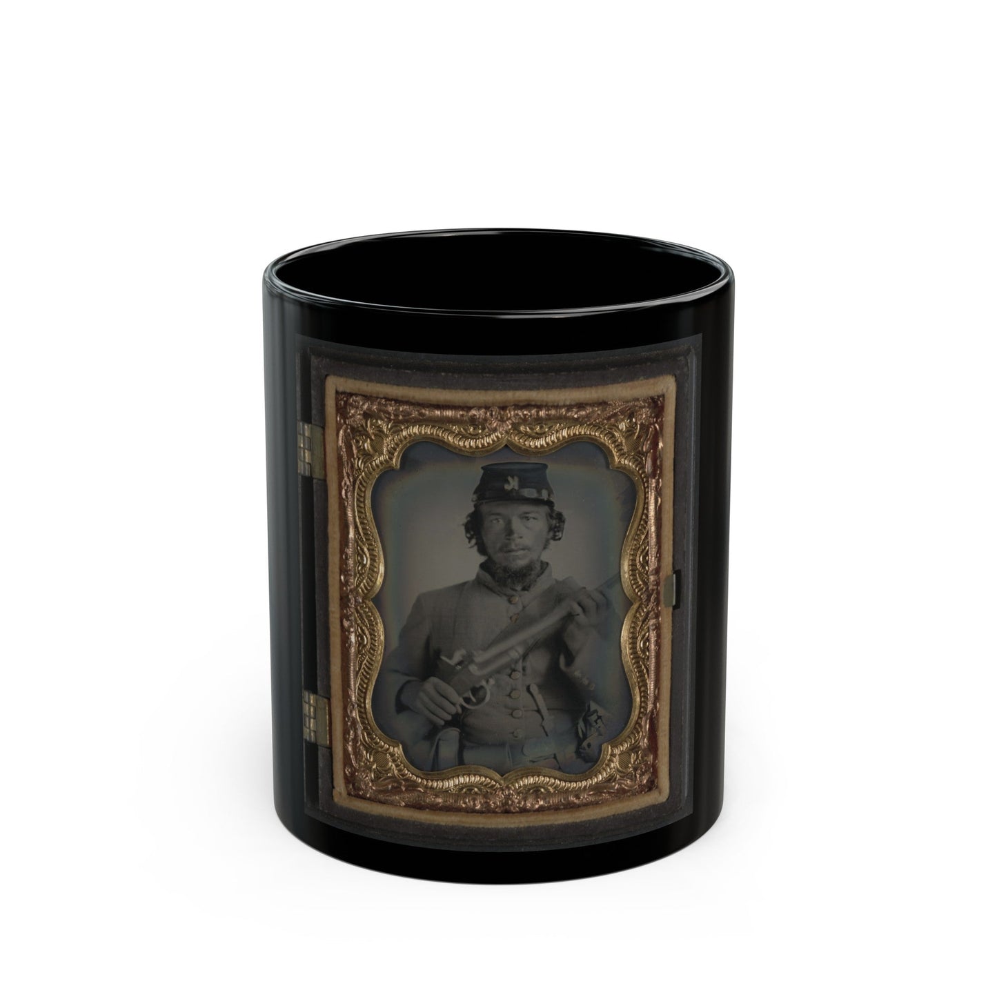 Unidentified Soldier In Uniform And Company K Hat With Musket; Confederate Or Union (U.S. Civil War) Black Coffee Mug-11oz-The Sticker Space