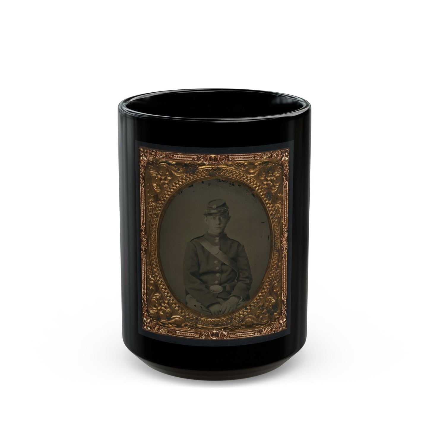 Unidentified Soldier In Uniform And Kepi With Cap Box (U.S. Civil War) Black Coffee Mug-15oz-The Sticker Space