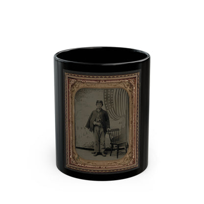 Unidentified Soldier In Uniform With Arm In Sling In Front Of Painted Backdrop Showing Military Camp And American Flag (U.S. Civil War) Black Coffee Mug-11oz-The Sticker Space