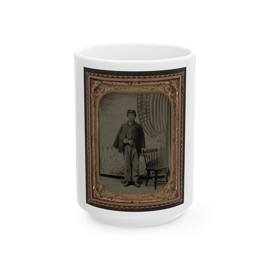 Unidentified Soldier In Uniform With Arm In Sling In Front Of Painted Backdrop Showing Military Camp And American Flag (U.S. Civil War) White Coffee Mug-15oz-The Sticker Space