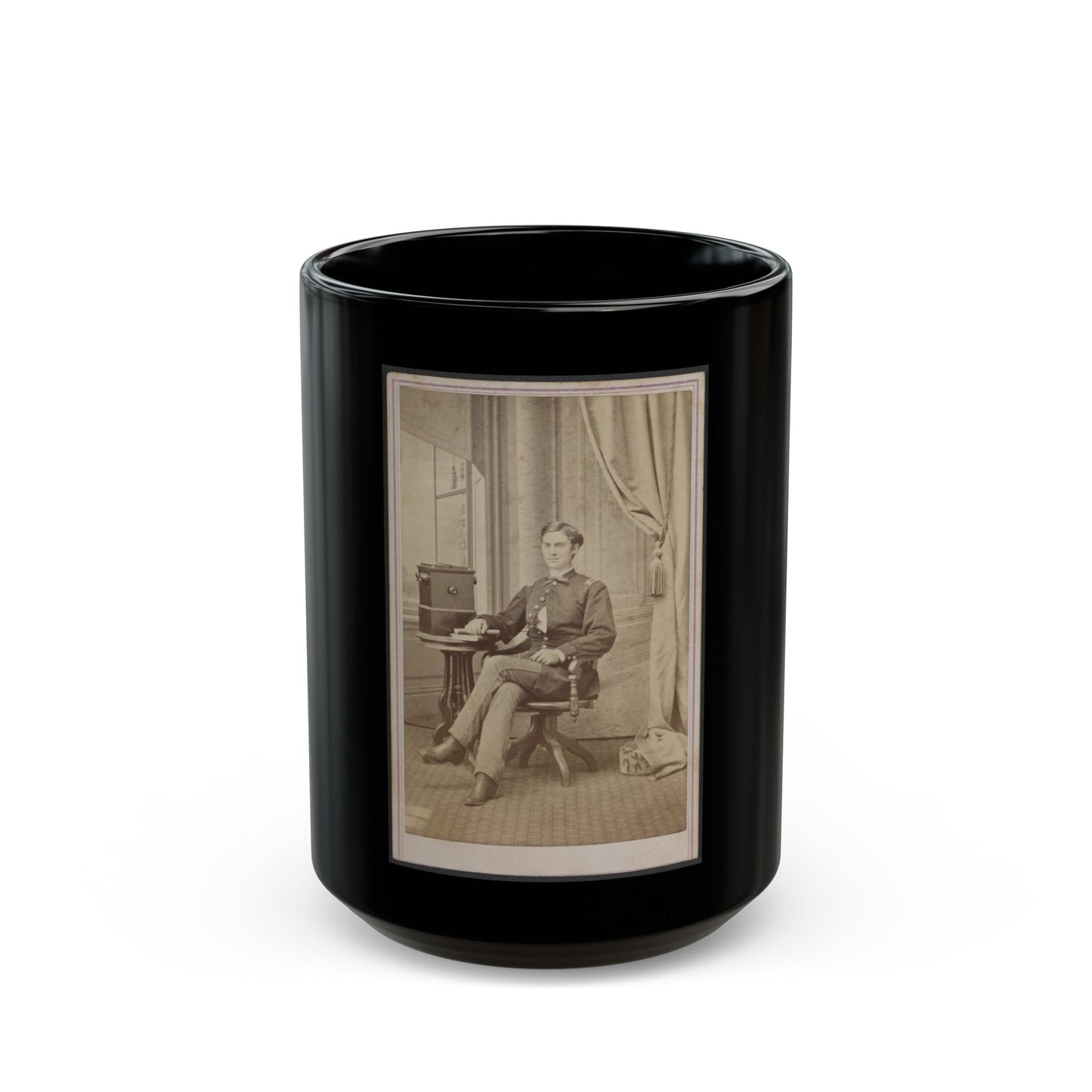 Unidentified Soldier In Uniform With Cabinet Stereograph Viewer (U.S. Civil War) Black Coffee Mug-15oz-The Sticker Space