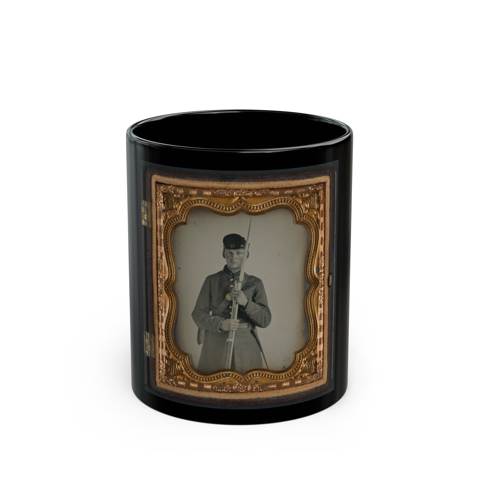 Unidentified Soldier In Uniform With Company H Hat Holding Bayoneted Musket (U.S. Civil War) Black Coffee Mug-11oz-The Sticker Space