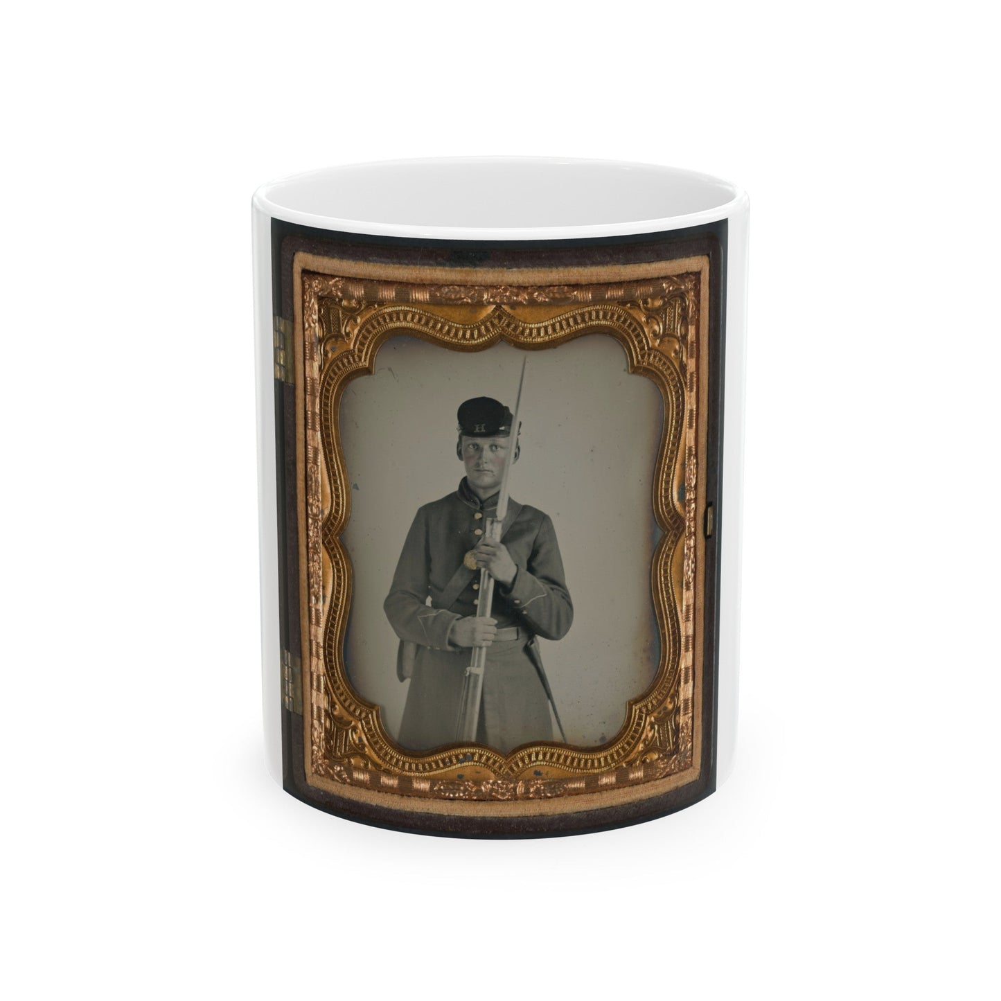 Unidentified Soldier In Uniform With Company H Hat Holding Bayoneted Musket (U.S. Civil War) White Coffee Mug-11oz-The Sticker Space