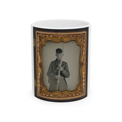 Unidentified Soldier In Uniform With Company H Hat Holding Bayoneted Musket (U.S. Civil War) White Coffee Mug-11oz-The Sticker Space