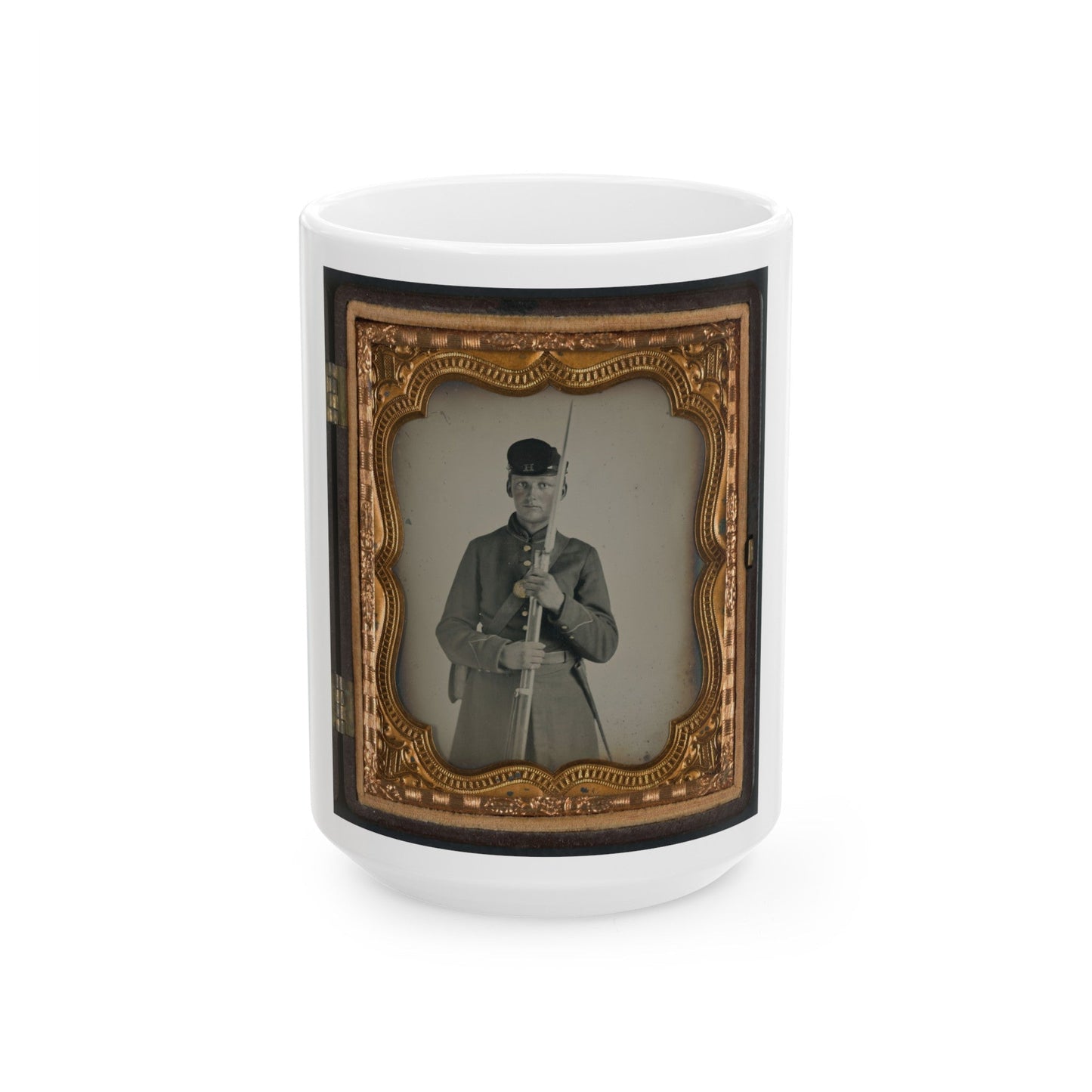 Unidentified Soldier In Uniform With Company H Hat Holding Bayoneted Musket (U.S. Civil War) White Coffee Mug-15oz-The Sticker Space