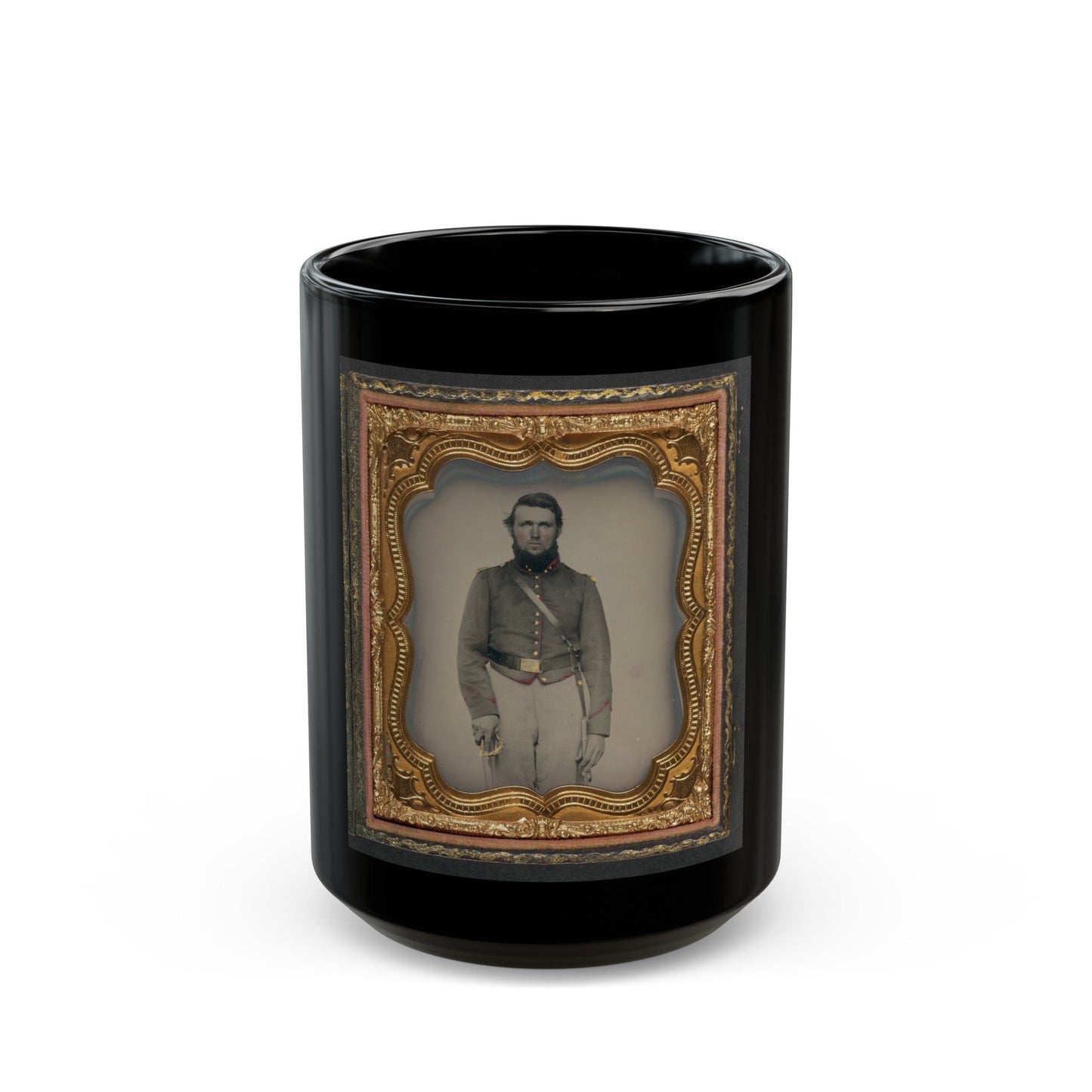 Unidentified Soldier In Union Artillery Uniform With Red Piping Holding Sword (U.S. Civil War) Black Coffee Mug-15oz-The Sticker Space