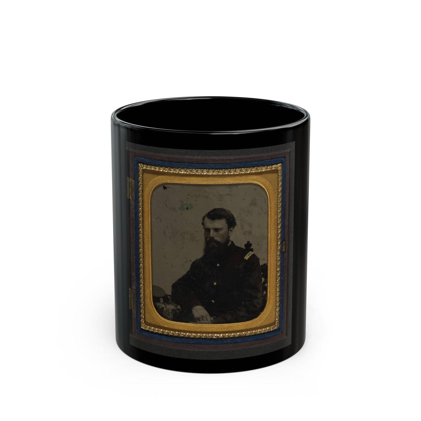 Unidentified Soldier In Union Captain Uniform Resting Arm On Table With Kepi On Top (U.S. Civil War) Black Coffee Mug-11oz-The Sticker Space