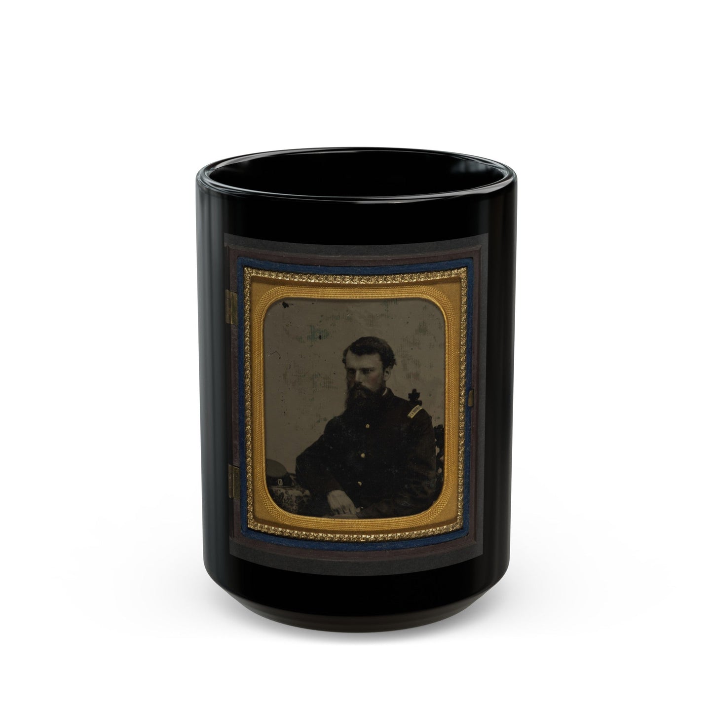 Unidentified Soldier In Union Captain Uniform Resting Arm On Table With Kepi On Top (U.S. Civil War) Black Coffee Mug-15oz-The Sticker Space