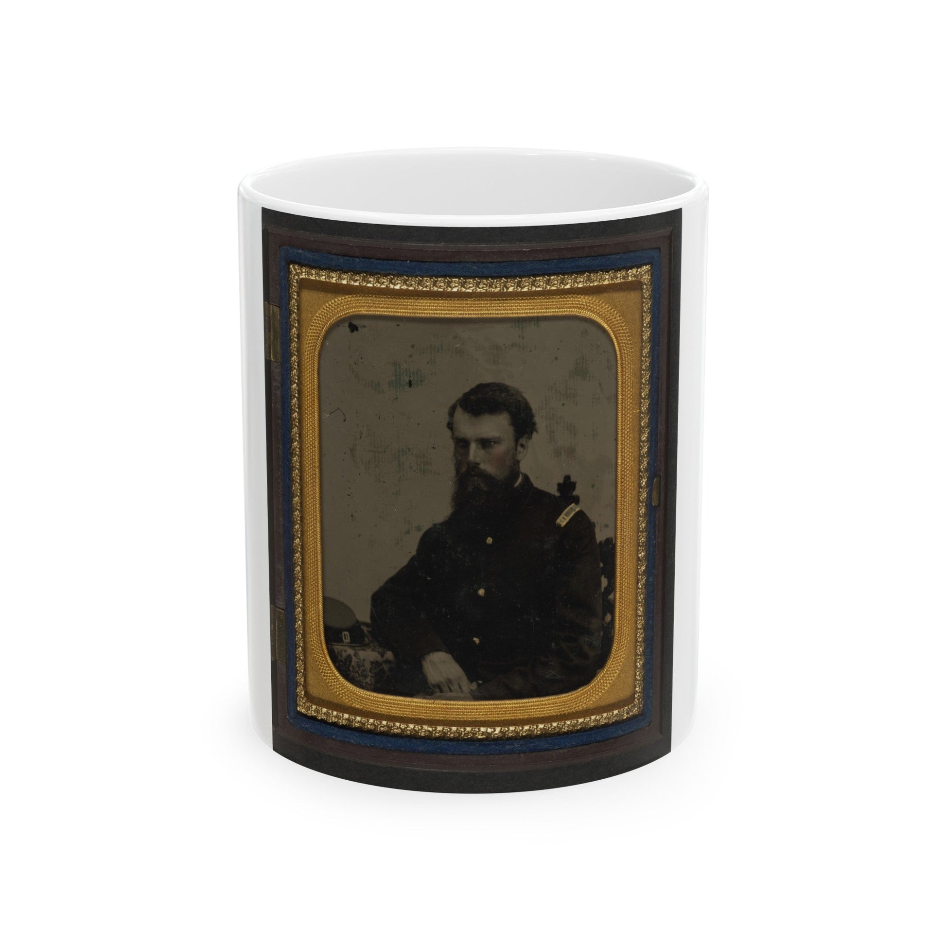 Unidentified Soldier In Union Captain Uniform Resting Arm On Table With Kepi On Top (U.S. Civil War) White Coffee Mug-11oz-The Sticker Space