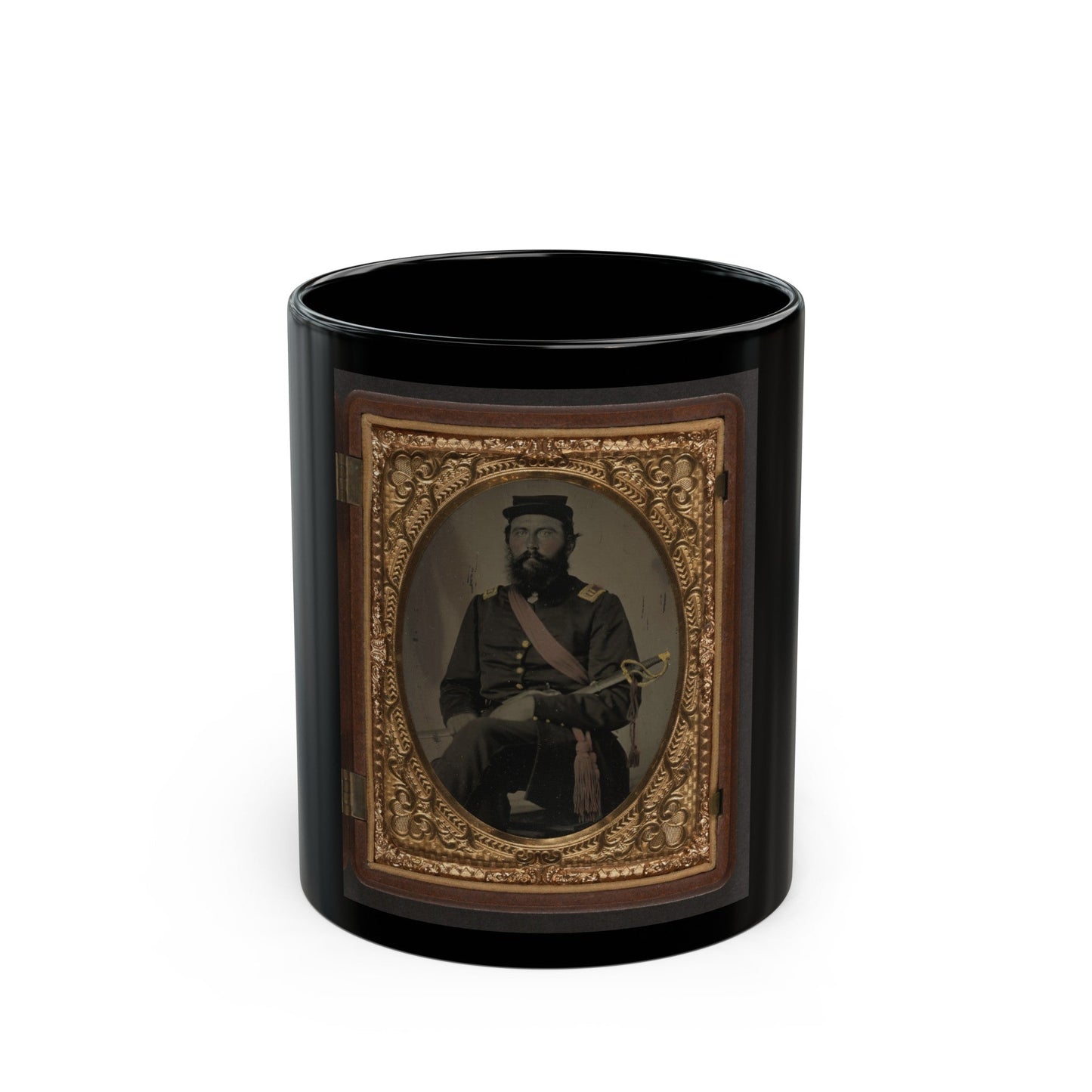 Unidentified Soldier In Union Captain Uniform With Crimson Sash Holding Cavalry Saber (U.S. Civil War) Black Coffee Mug-11oz-The Sticker Space