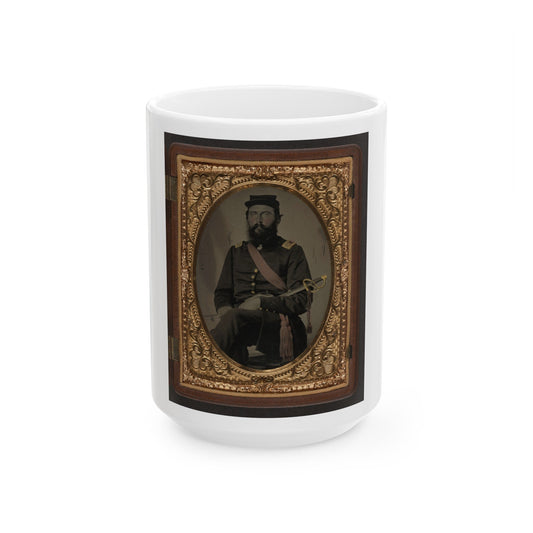 Unidentified Soldier In Union Captain Uniform With Crimson Sash Holding Cavalry Saber (U.S. Civil War) White Coffee Mug-15oz-The Sticker Space