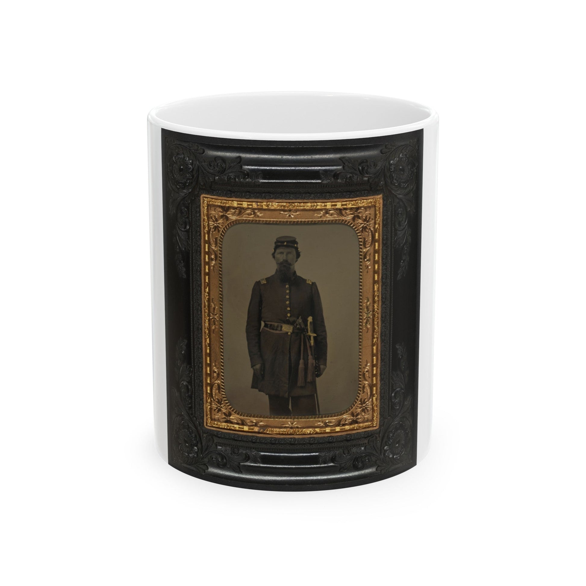 Unidentified Soldier In Union Captain's Frock Coat And Officer's Sash With Sheathed Sword And Revolver (U.S. Civil War) White Coffee Mug-11oz-The Sticker Space