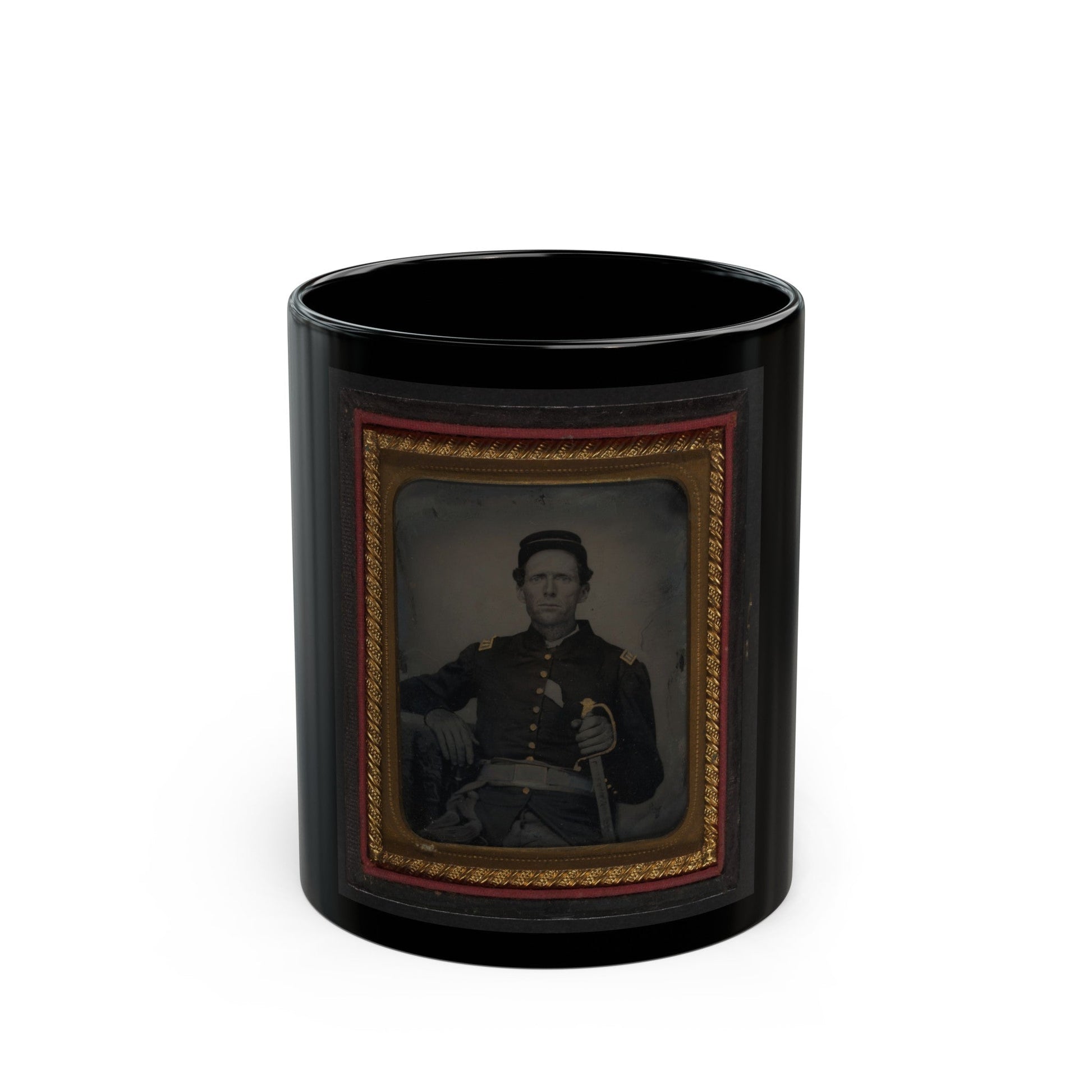 Unidentified Soldier In Union Captain's Uniform With Artillery Saber (U.S. Civil War) Black Coffee Mug-11oz-The Sticker Space