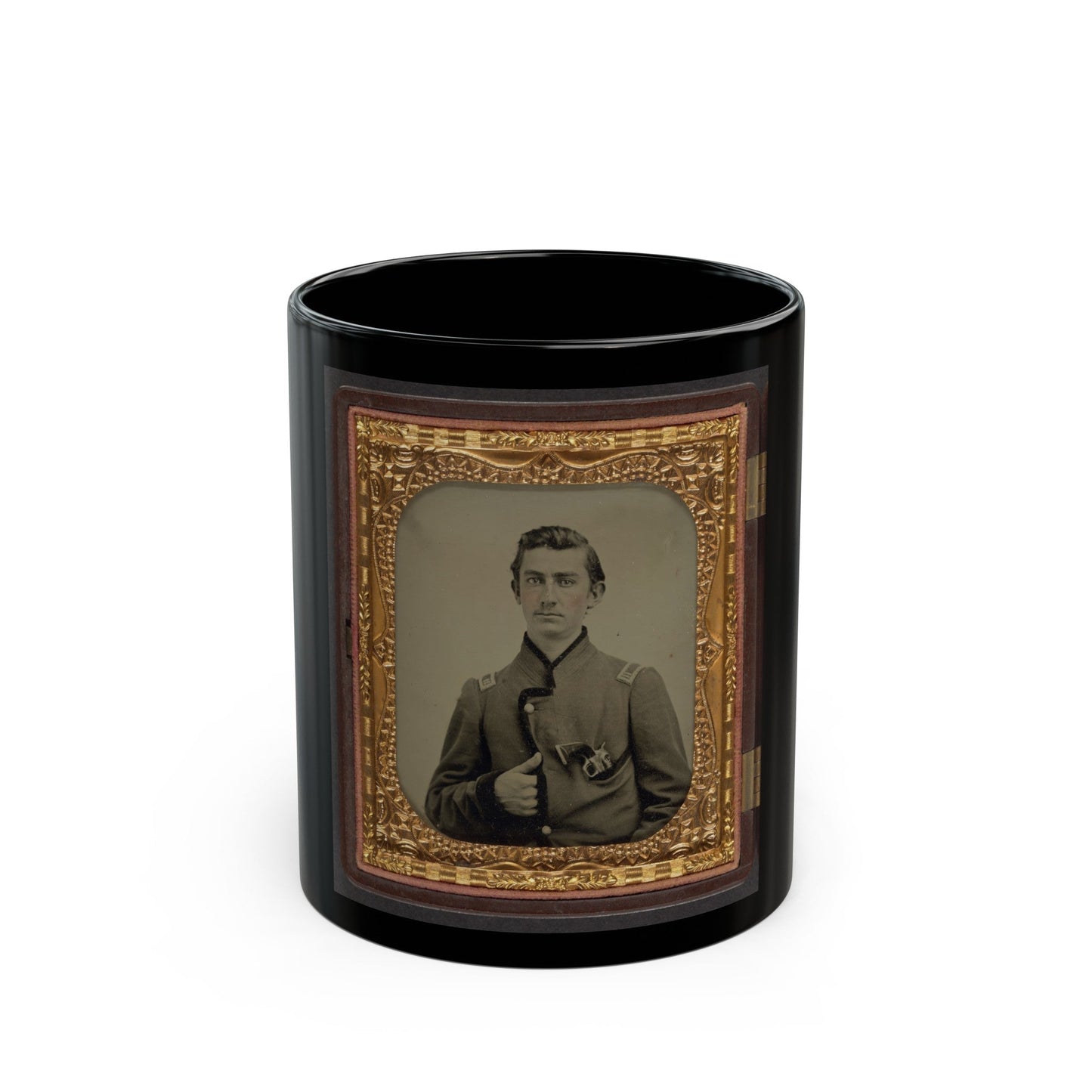 Unidentified Soldier In Union Captain's Uniform With Revolver In Breast Pocket (U.S. Civil War) Black Coffee Mug-11oz-The Sticker Space