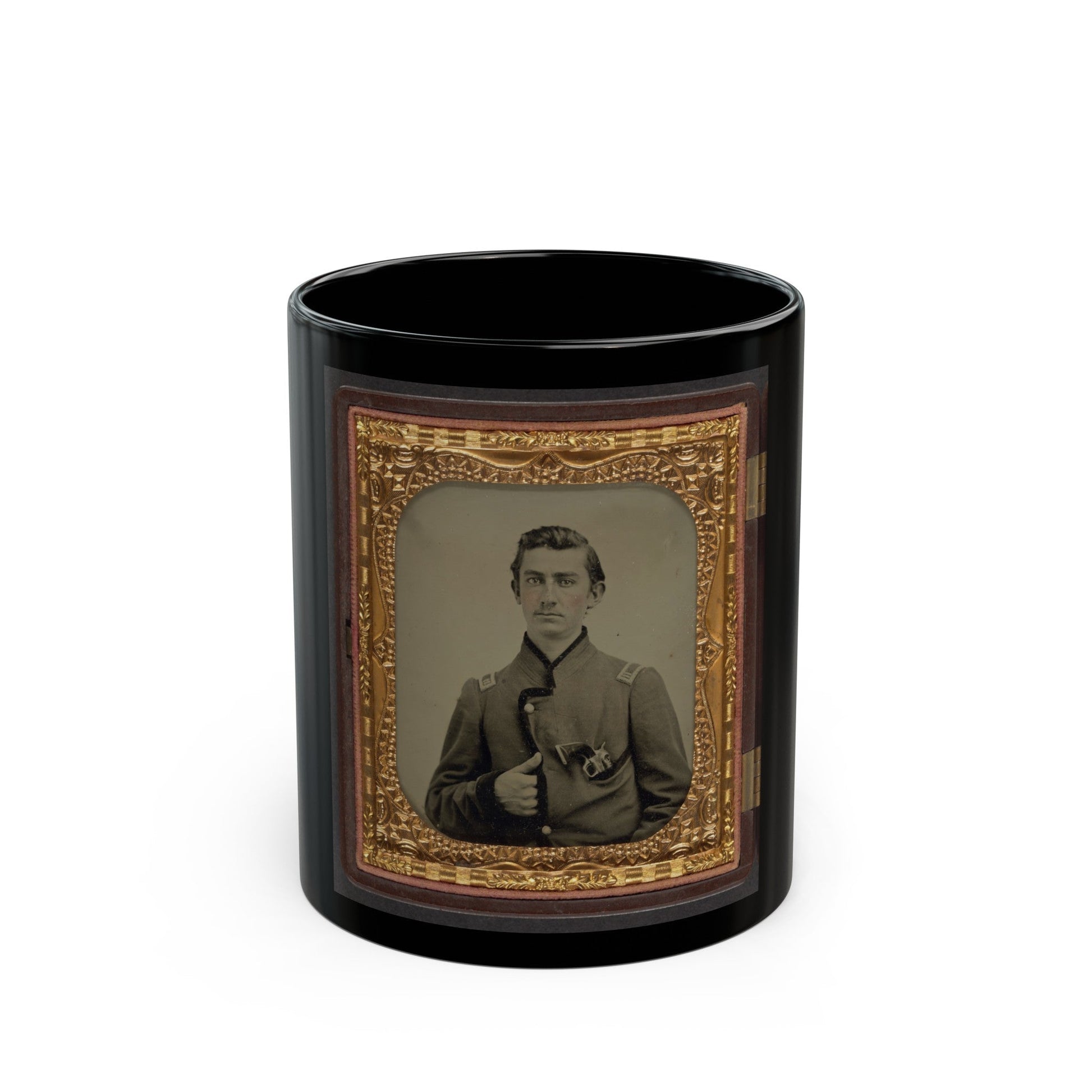 Unidentified Soldier In Union Captain's Uniform With Revolver In Breast Pocket (U.S. Civil War) Black Coffee Mug-11oz-The Sticker Space