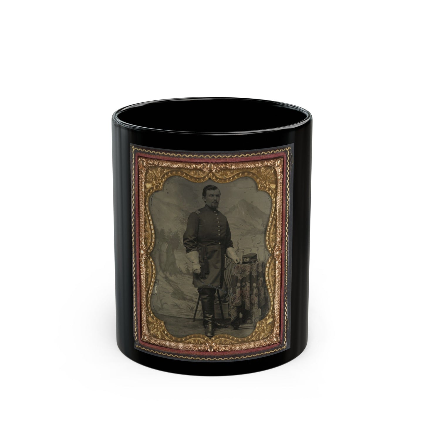 Unidentified Soldier In Union Captain's Uniform With U.S. Medical Service Hat In Front Of Painted Backdrop Showing Landscape (U.S. Civil War) Black Coffee Mug-11oz-The Sticker Space