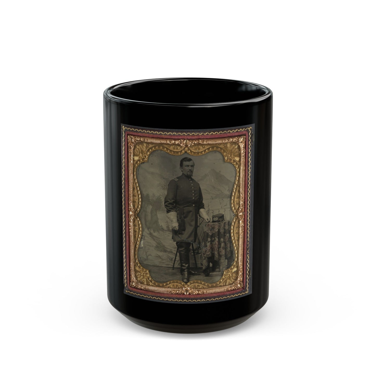 Unidentified Soldier In Union Captain's Uniform With U.S. Medical Service Hat In Front Of Painted Backdrop Showing Landscape (U.S. Civil War) Black Coffee Mug-15oz-The Sticker Space