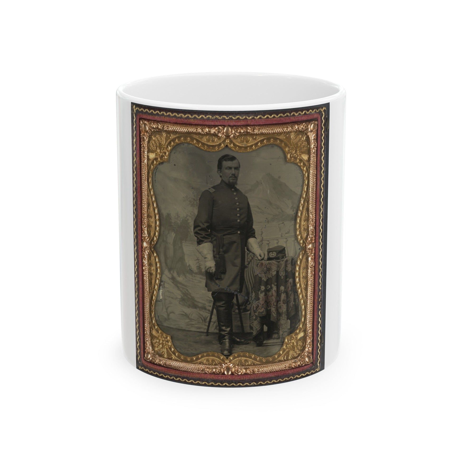 Unidentified Soldier In Union Captain's Uniform With U.S. Medical Service Hat In Front Of Painted Backdrop Showing Landscape (U.S. Civil War) White Coffee Mug-11oz-The Sticker Space