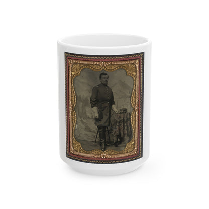 Unidentified Soldier In Union Captain's Uniform With U.S. Medical Service Hat In Front Of Painted Backdrop Showing Landscape (U.S. Civil War) White Coffee Mug-15oz-The Sticker Space