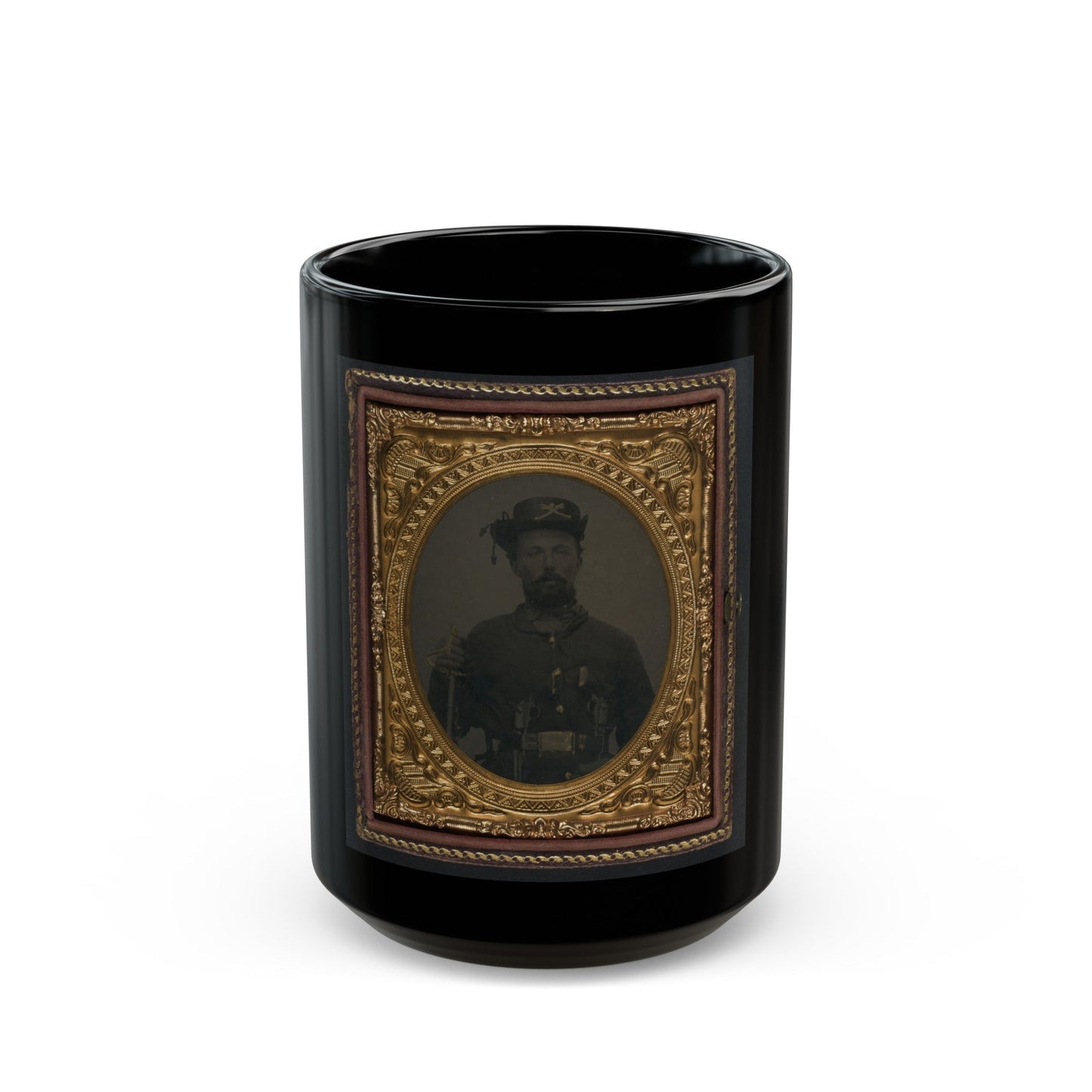 Unidentified Soldier In Union Cavalry Uniform And Hardee Hat With Cavalry Saber And Dual Revolvers (U.S. Civil War) Black Coffee Mug-15oz-The Sticker Space