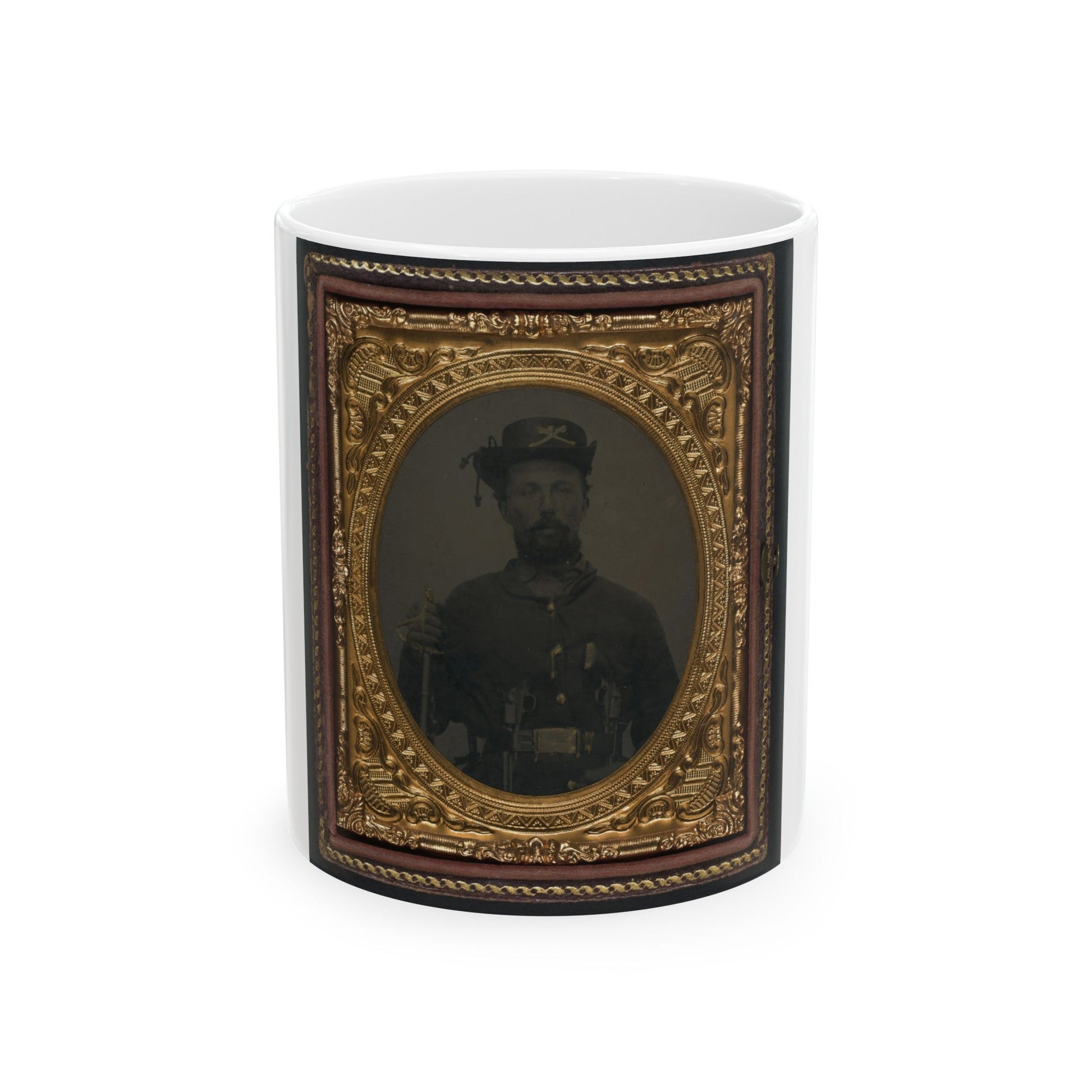 Unidentified Soldier In Union Cavalry Uniform And Hardee Hat With Cavalry Saber And Dual Revolvers (U.S. Civil War) White Coffee Mug-11oz-The Sticker Space