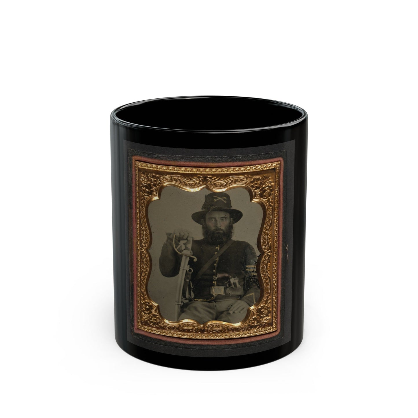 Unidentified Soldier In Union Cavalry Uniform And Hardee Hat With European Import Saber And French Lefaucheux Pinfire Revolver (U.S. Civil War) Black Coffee Mug-11oz-The Sticker Space