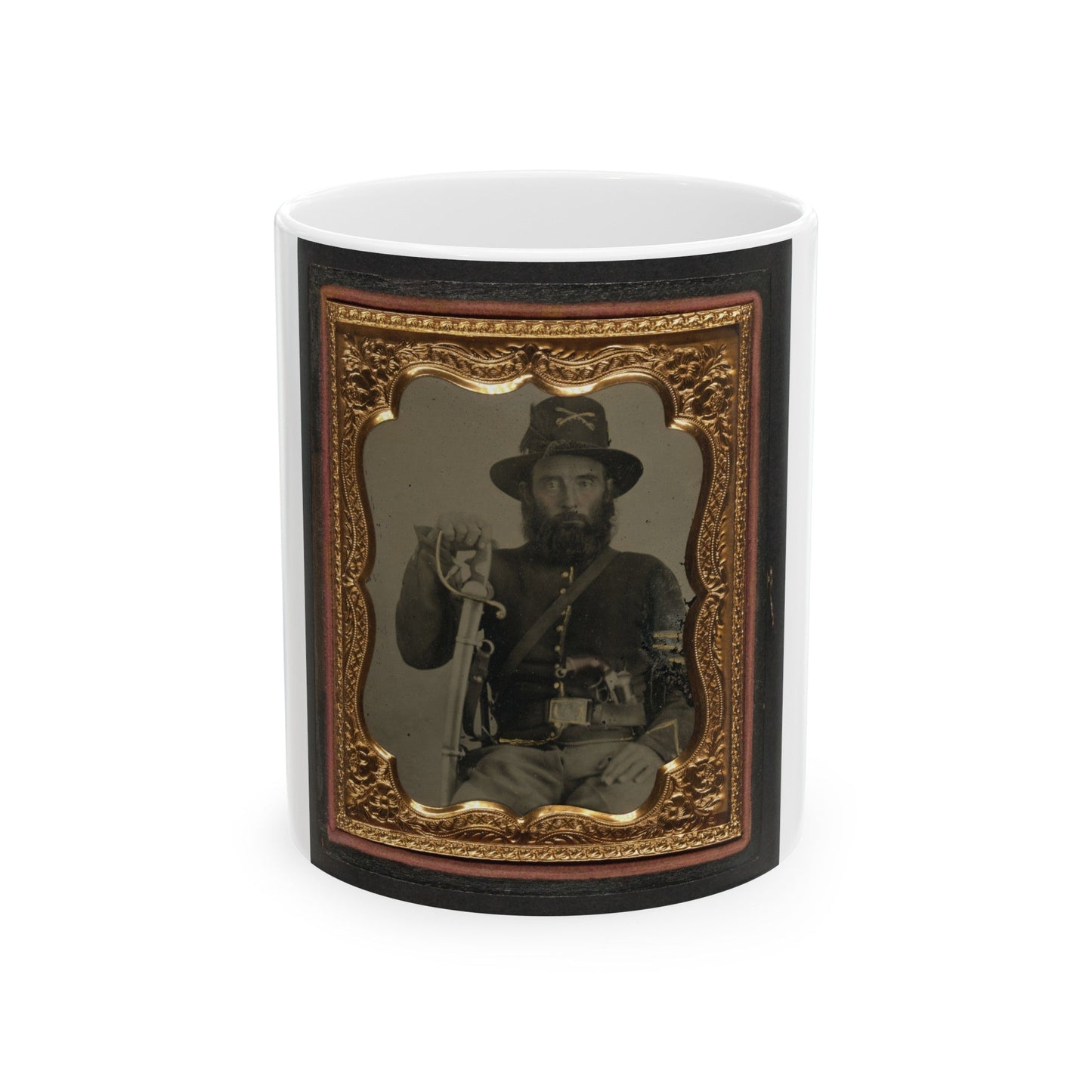 Unidentified Soldier In Union Cavalry Uniform And Hardee Hat With European Import Saber And French Lefaucheux Pinfire Revolver (U.S. Civil War) White Coffee Mug-11oz-The Sticker Space