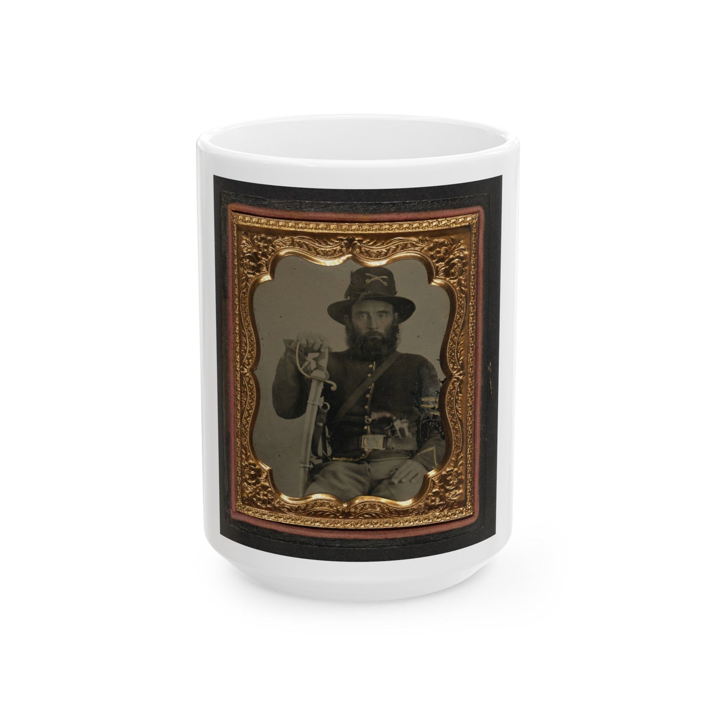 Unidentified Soldier In Union Cavalry Uniform And Hardee Hat With European Import Saber And French Lefaucheux Pinfire Revolver (U.S. Civil War) White Coffee Mug-15oz-The Sticker Space