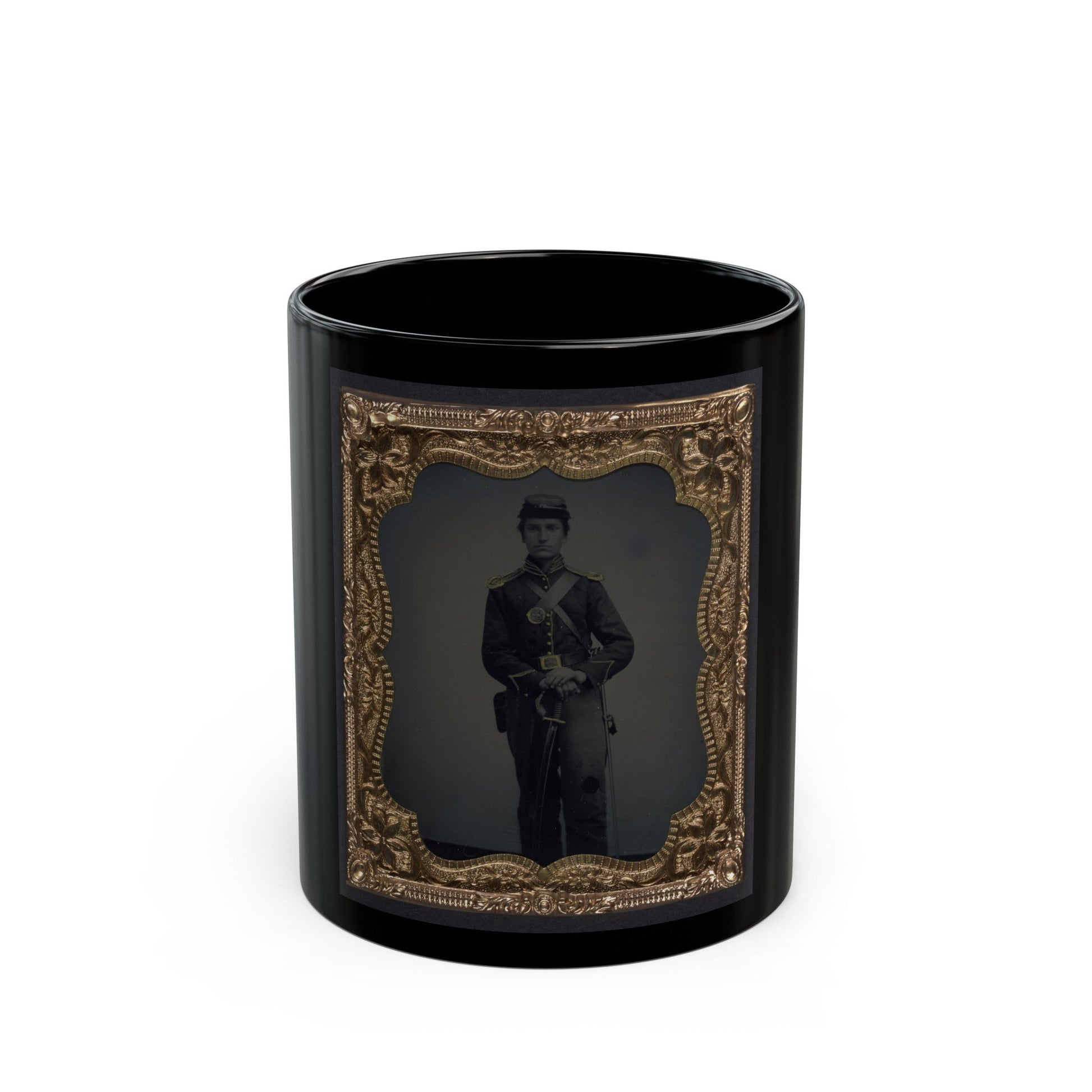 Unidentified Soldier In Union Cavalry Uniform And Shoulder Scales With Saber (U.S. Civil War) Black Coffee Mug-11oz-The Sticker Space