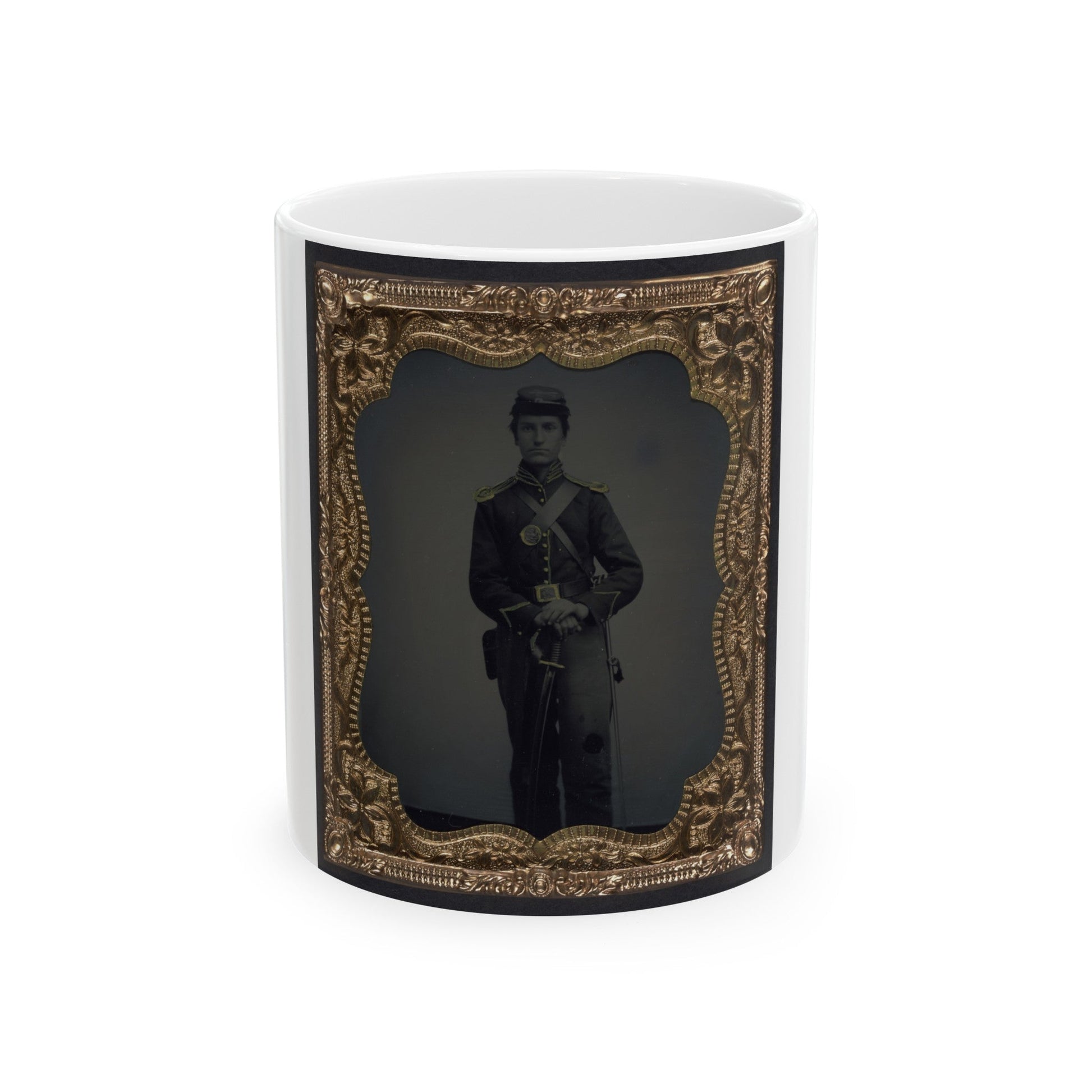 Unidentified Soldier In Union Cavalry Uniform And Shoulder Scales With Saber (U.S. Civil War) White Coffee Mug-11oz-The Sticker Space