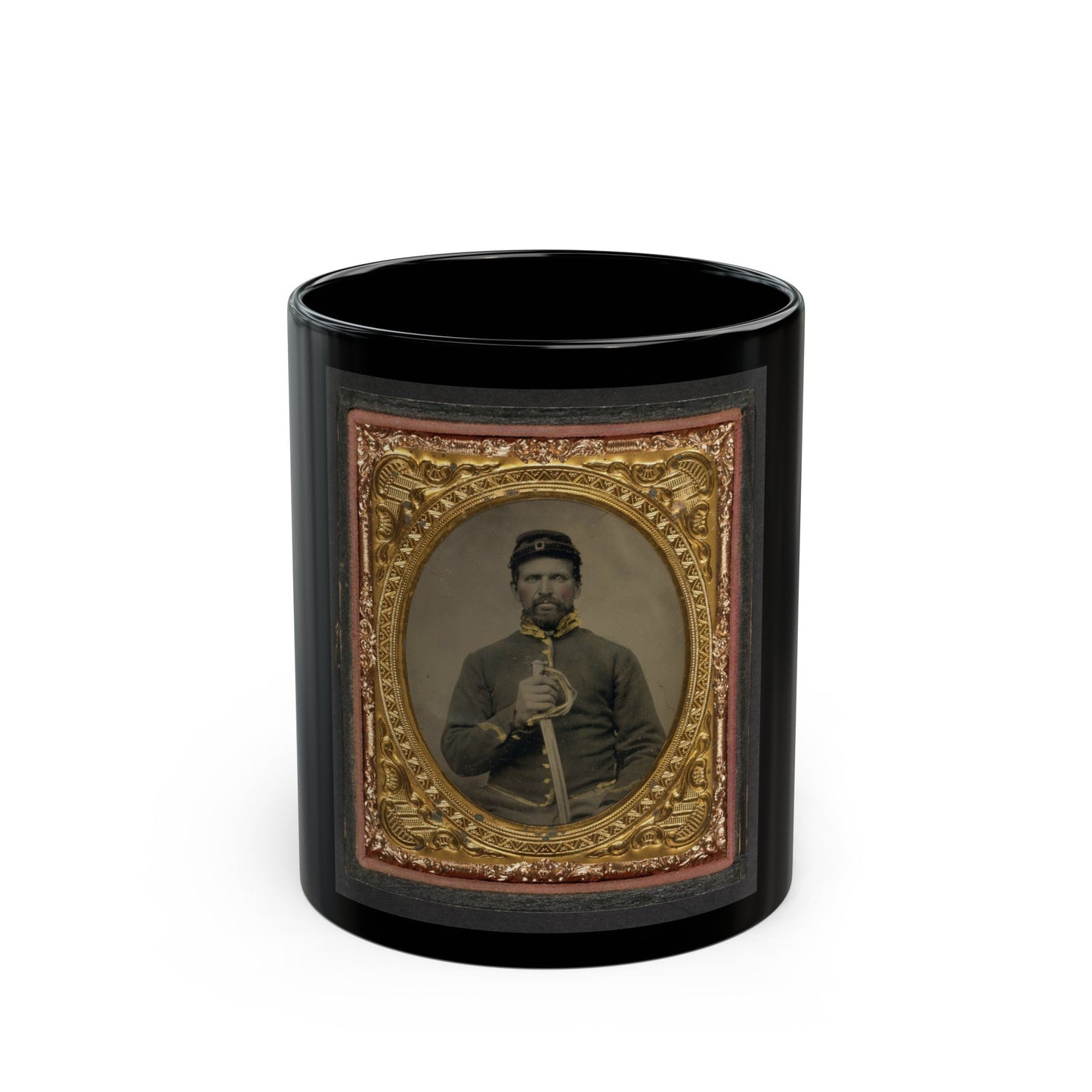 Unidentified Soldier In Union Cavalry Uniform Holding Cavalry Saber (U.S. Civil War) Black Coffee Mug-11oz-The Sticker Space