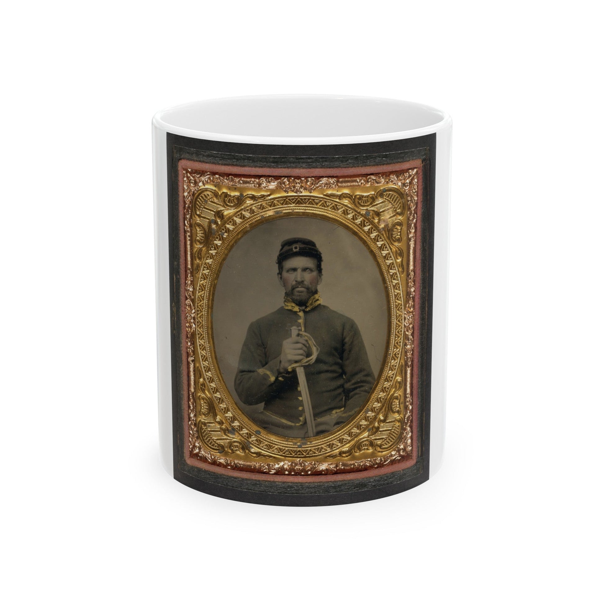 Unidentified Soldier In Union Cavalry Uniform Holding Cavalry Saber (U.S. Civil War) White Coffee Mug-11oz-The Sticker Space