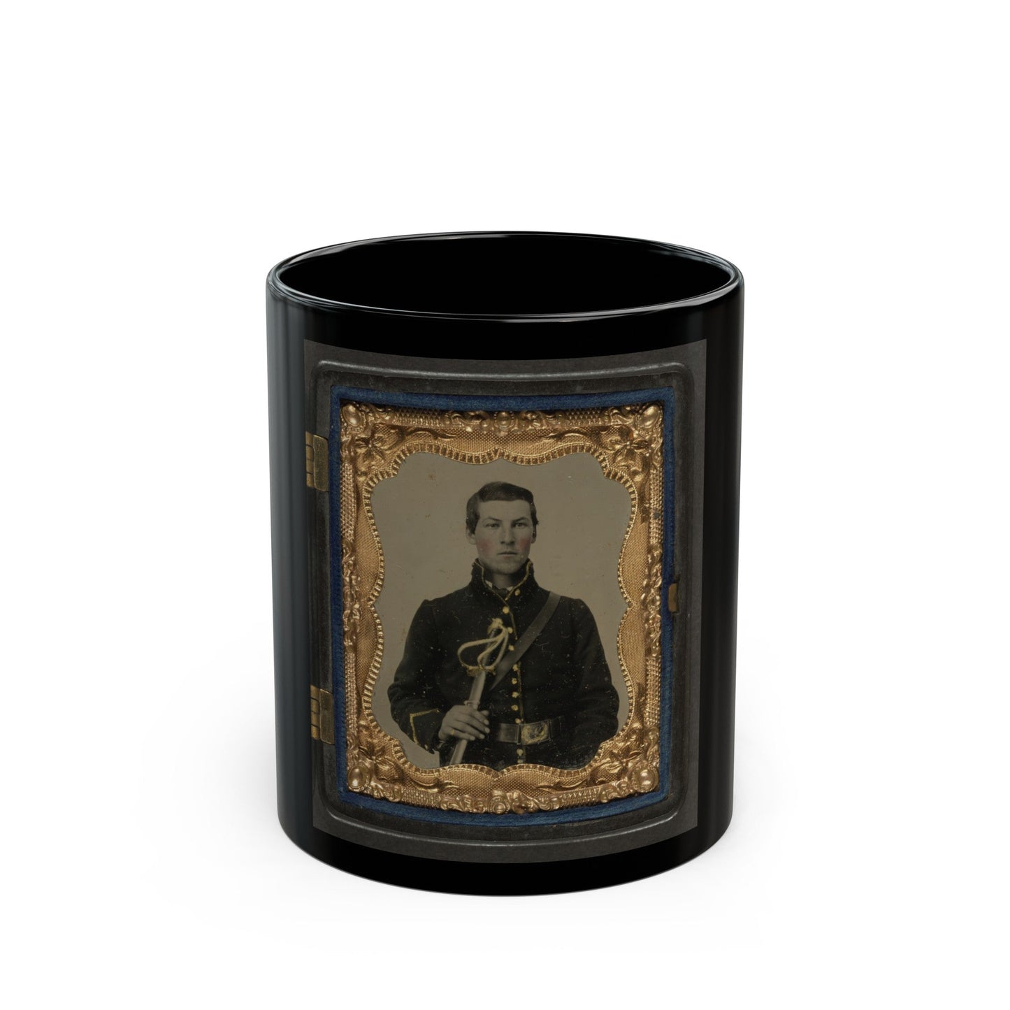 Unidentified Soldier In Union Cavalry Uniform Holding Saber (U.S. Civil War) Black Coffee Mug-11oz-The Sticker Space